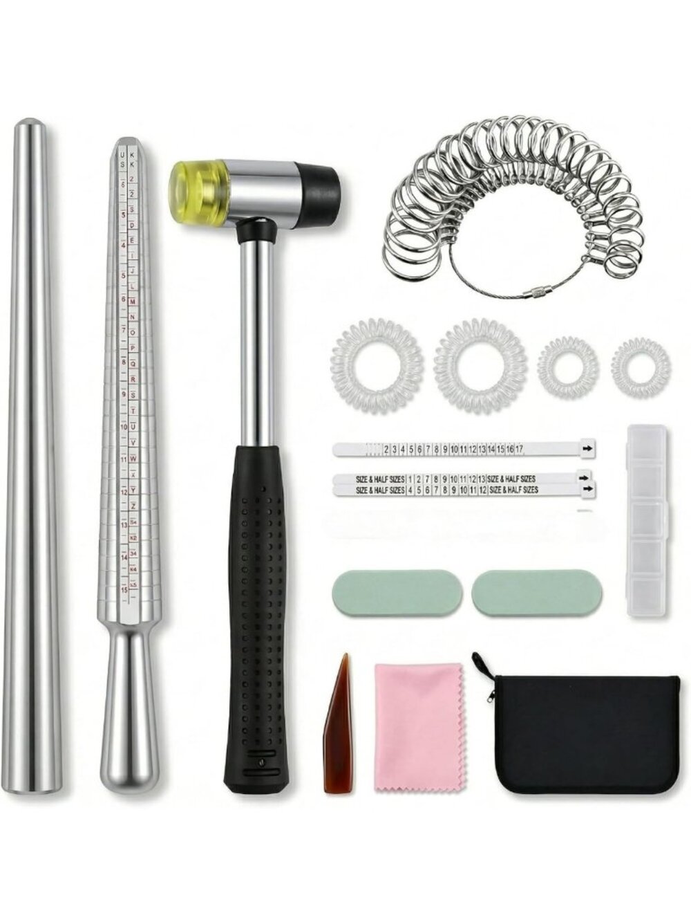 Jewelry Ring Sizer Tool Kit - 16 Pieces with Mandrel, Hammer & Storage Case